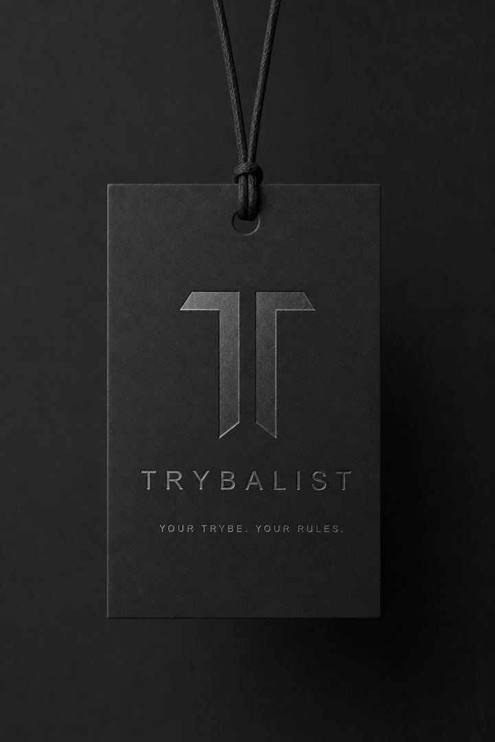 The Trybalist swing tag, flat on stone