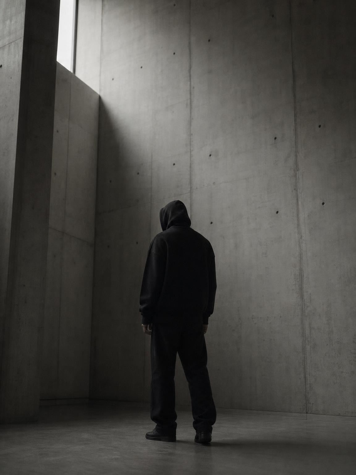 A lone figure in a vast concrete space — identity is created, not inherited