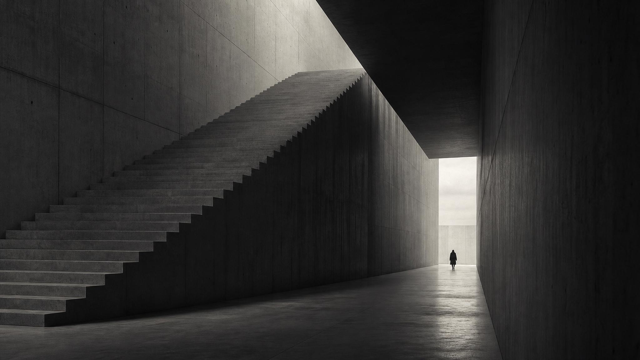 A lone figure crossing a vast brutalist hall toward the light